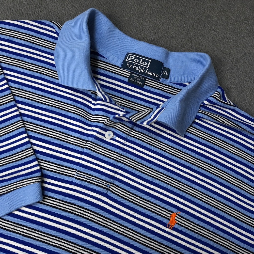 VINTAGE Polo Ralph Lauren Polo Shirt Mens Extra Large Blue Striped Pima Cotton